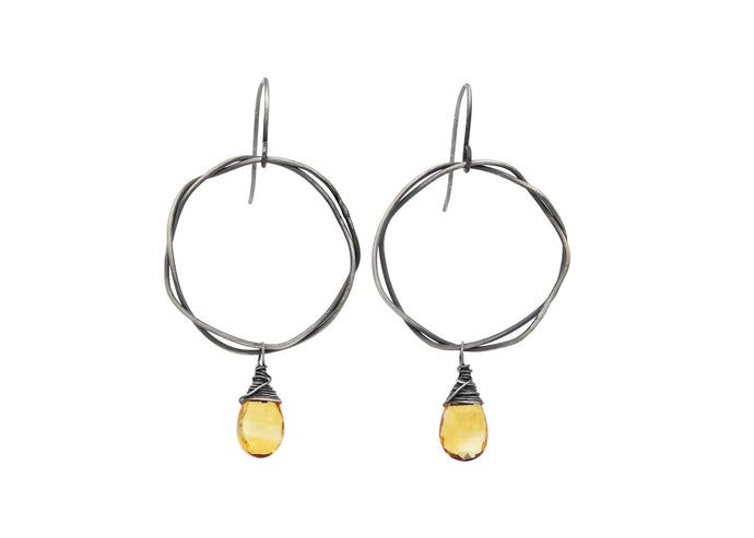 Citrine Oxidized Sterling Silver Organic Circle Dangle Earrings