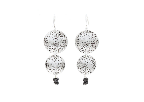 Raw Black Diamond Silver Circle Dangle  Earrings